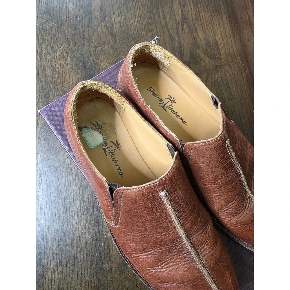 Mens Tommy Bahama Leather Slip On Shoes Sz 13 Split Toe Brown Loafers TB-315 75